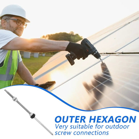 Man installing a stainless steel solar panel hanger bolt using a drill on a photovoltaic panel for roof installation.