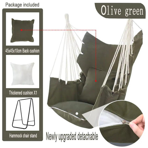 Weather Resistant Hammock Chair Stand With Hanging Swing Chair Included For Indoor Outdoor Use, olive green with cushions