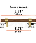 Two Hole 140mm Brass Walnut Drawer Pulls Set Of 4 With M4 Screws High Temperature Sealed Glaze Finish shown with dimensions