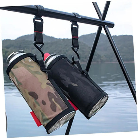 Outdoor Camping Hooks 5 Pack Small S Shaped Utility Hangers With Straps holding camo and black bottles on a metal rod by lake