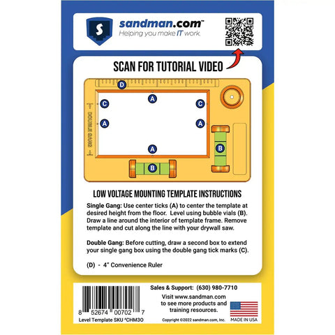 Low Voltage Mounting Template For Single And Double Gang Flush Brackets Fast Easy Professional Install Horizontal Or Vertical Mount Includes 4 Inch Ruler Clear Transparent Template For Precise Wiring Layout instructions.
