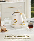 Retro Electric Kettle With Thermometer 1.7 Liter All Stainless Steel 1200 Watt Fast Boil Cordless BPA Free Auto Shut Off in Pearl White