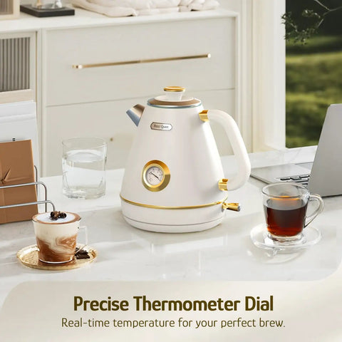 Retro Electric Kettle With Thermometer 1.7 Liter All Stainless Steel 1200 Watt Fast Boil Cordless BPA Free Auto Shut Off in Pearl White