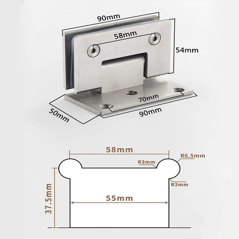 Premium 304 Brushed Stainless Steel Shower Hinges For Frameless Glass Doors 90 Degree Pair dimensions and design