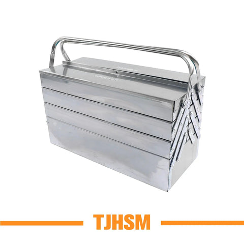 Premium 18 Inch Stainless Steel Folding Tool Box With Cantilever Multi Tray Organization And Comfortable Carry Handles side view with four trays.