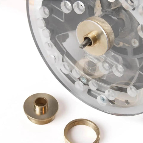 Top Shelf 11 Piece Solid Brass Router Bushing Set And Template Guide Kit With Adapter Plates showing brass bushing and router attachment.