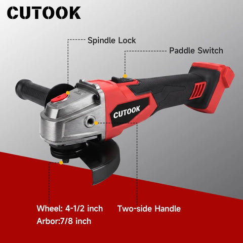Heavy Duty Brushless Cordless Angle Grinder 4 1/2 Inch with spindle lock, paddle switch, and two-side handle for tough cuts.