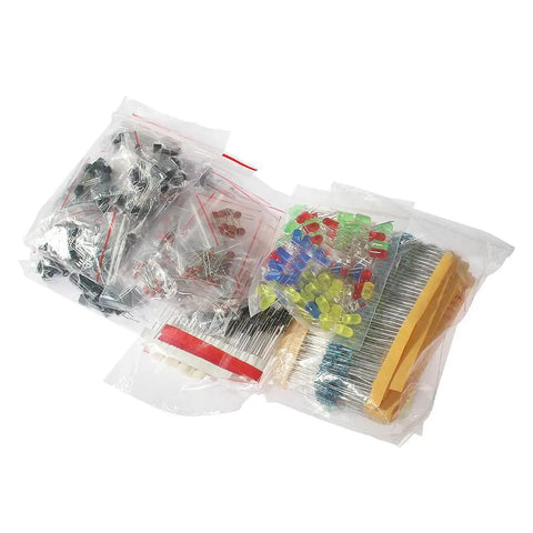 Top Shelf 1490 Piece Electronic Component Assortment Box Packed With Colorful Leds Transistors Resistors And Capacitors in sealed bags.