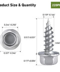 Heavy Duty 8 X One Half Inch Self Tapping Gutter Screws 220 Pack 410 Stainless Steel dimensions and specifications diagram.