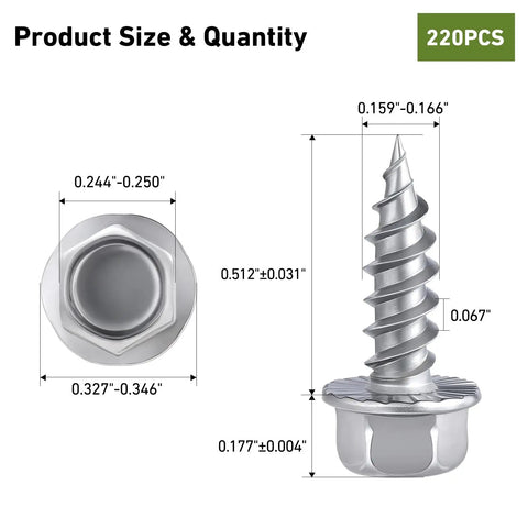 Heavy Duty 8 X One Half Inch Self Tapping Gutter Screws 220 Pack 410 Stainless Steel dimensions and specifications diagram.