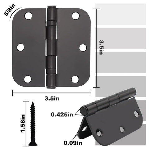 Matte Black Interior Door Hinges 3.5 Inch 3 Pack Heavy Duty Steel with smooth glide mechanism and dimensions.