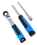 Knockout 46 Piece Pass Through Socket Set With Slim Offset Handle And Insert Style Heavy Duty Ratchet Wrench Real Deal For Cramped Engines And Tight Automotive Jobs In 1 4 Inch Drive showing ratchet and socket tools with blue rubber grips.