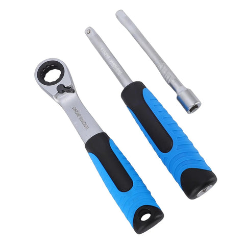 Knockout 46 Piece Pass Through Socket Set With Slim Offset Handle And Insert Style Heavy Duty Ratchet Wrench Real Deal For Cramped Engines And Tight Automotive Jobs In 1 4 Inch Drive showing ratchet and socket tools with blue rubber grips.