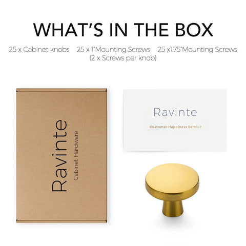 Level Up Your Kitchen Setup With This 25 Pack Of Heavy Duty Brushed Brass Cabinet Knobs Measuring 1-1/4 Inch Round Circle For A Sophisticated Vibe And Real Nice Upgrade To Any Drawer Or Vanity Project. Box contents include 25 knobs and mounting screws.