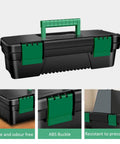 Kickass Tailgate Ready Tool Box Featuring An Unbreakable Hinged Lid And Grippy Top Carry Handle Perfect For Camping Rigs Weekend Getaways And Job Site Repair Snap Up This Hassle Free Storage Crate Today. Black tool box with green ABS buckle and top carry handle.