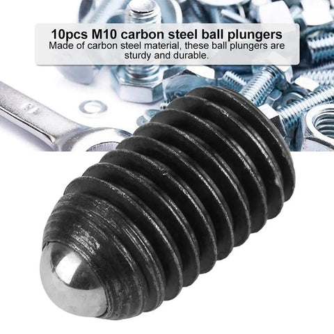 Hex Socket Ball Spring Plungers Set M10 Thread 10 Pieces Pro Grade Carbon Steel For Precise Positioning And Pressure In Machining Fixtures And Jigs Great For Quick Adjustments And Heavy Duty Everyday Workshop Use, detailed view of a carbon steel plunger among tools