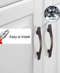 30 Pack Bridge Design Cabinet Handles installed, oil rubbed bronze zinc alloy drawer pulls, easy to install, 3 inch hole centers.
