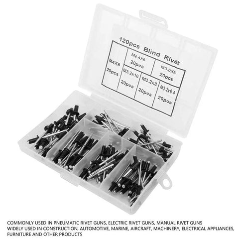 Pro Grade 120 Piece Blind Rivet Kit made from aluminum alloy in open case with six sizes M2.4x6 to M4x8