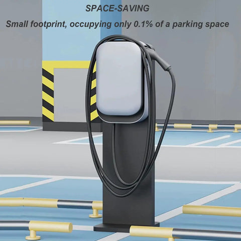 Rock Solid Universal EV Charger Mounting Post With Heavy Duty Freestanding Pole Stand shows space-saving design with charging cable.