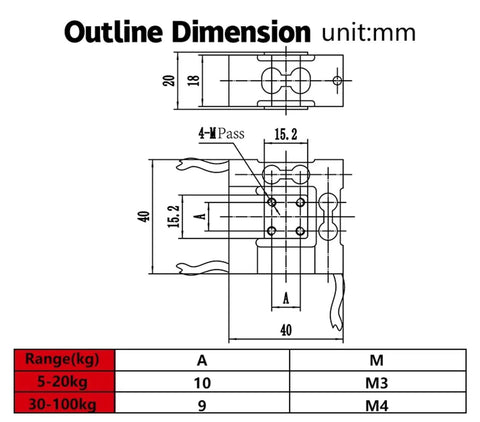 Technical drawing of dimensions for Beefy Robotic Arm Force Sensor for Three Six Axis 3D Multi Dimensional Weighing 0 to 30 kg