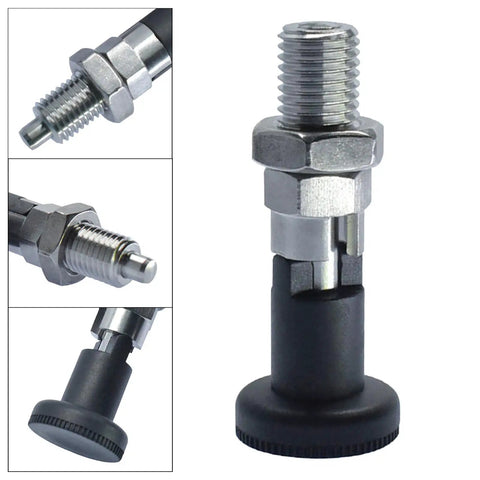 Built Tough Stainless Steel Indexing Plungers With Spring Loaded Self Locking Knobs close-up, showing threaded design and rubber knob.
