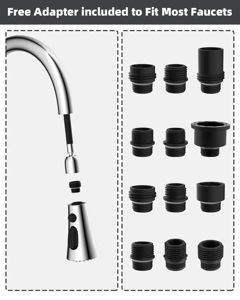 Three Function Pull Down Kitchen Faucet Head Replacement With 12 Adapters Chrome Finish For Moen Delta Kohler Sinks NSF ANSI CAN 61 CUPC Certified Sprayer