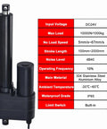 Rock Solid 10000N Linear Actuator Driven By A 24V Electric Lifting Motor showcasing specs on a black background.