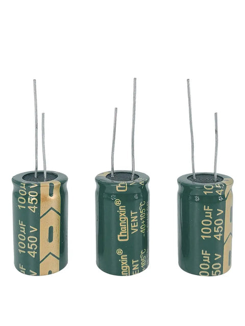 Beast Mode 5 Pack Of 450V 100UF Aluminum Radial Electrolytic Capacitors With Extra Long Leads Ready For Tube Amp Mods And Hands On Electronics Garage Work, showing three capacitors with long leads.