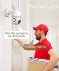 Outdoor Security Camera 1080P HD WiFi With 360 Pan Tilt Night Vision Two Way Audio in use during package delivery.