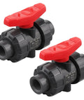 Solid Two Pack PVC True Union Ball Valve NPT Threaded With Full Port EPDM O Rings And Reversible PTFE Seats Rated At Two Hundred PSI