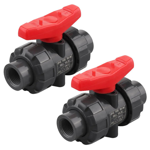 Solid Two Pack PVC True Union Ball Valve NPT Threaded With Full Port EPDM O Rings And Reversible PTFE Seats Rated At Two Hundred PSI