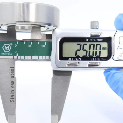 Kickass 440C Stainless Steel Ball Bearing Set 25X52x15mm ABEC 3 Rated measuring 25mm with digital caliper.