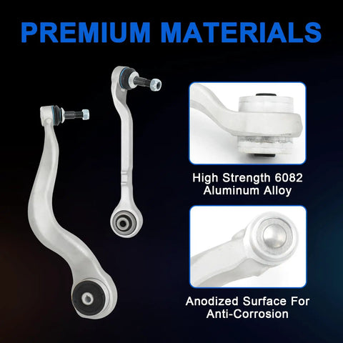 Heavy Duty Front Lower Control Arm Suspension Kit 8 Piece Set With Ball Joints Bushings For BMW F30 F31 2013 To 2018 Models showing aluminum control arms with anti-corrosion features.