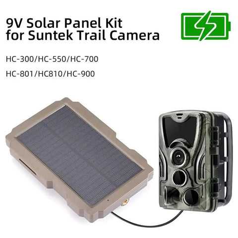 Top Shelf Rechargeable Solar Panel for Trail Cameras with 6V to 12V Compatibility shown alongside a trail camera.