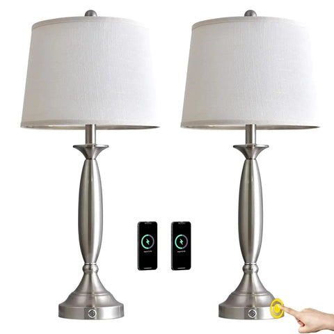 Three Way Dimmable Touch USB Table Lamps Set Of 2, 28 Inch Modern Industrial Metal Bedside Lamps With Linen Shades