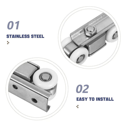Heavy Duty Stainless Steel Sliding Door Track With Silent Nylon Four Wheel Pulley System For Easy Bolt On Setup And Rolls Like Butter Closet Hardware Kit close-up of stainless steel pulley with nylon wheels.