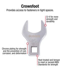 Half Inch Drive Jumbo Metric Crowfoot Wrench Set 8-Piece in chrome with size details and features, showing 29mm, ANSI standard
