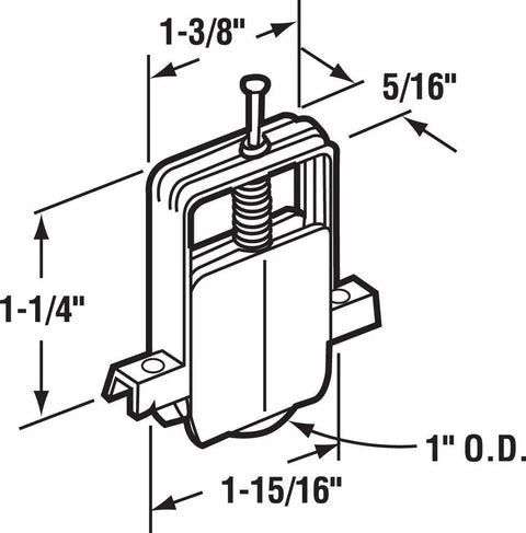 Diagram of 1 Inch Nylon Sliding Screen Door Roller Replacement Kit Two Pack For Monar Doors with dimensions and screw detail