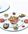 Smooth Spinning 36 Inch Glass Lazy Susan Round Rotating Turntable For Dining Tables Featuring Anti Skid Base And Heavy Duty Tempered Glass serving assorted dishes.
