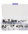Sewing Machine Replacement Screws And Springs Set For Needle Plate And Bobbin Case Metal Heavy Duty Fasteners DIY Installation Fix It Ready Easy Repair Parts For Home Sewing Projects, plastic case open with assorted screws and springs
