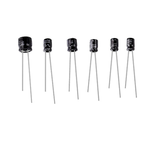 Six Piece Capacitor Repair Set For Bose Wave CD Player Gets Your Receiver Straight Again By Dumping The Please Wait Error And Stopping That Annoying Click Noise, showing six black audio grade capacitors.