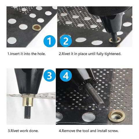 Rivet nuts kit 3/8-16 carbon steel flat-head inserts shown on perforated metal with install steps.