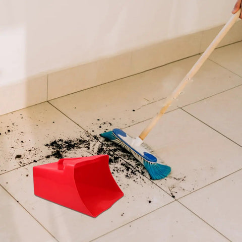 Red Handheld Dustpan And Scoop Shovel Grab And Go Cleanup Lightweight Plastic Trash Shovel With Wide 9.65 By 8.07 Inch Scoop on floor