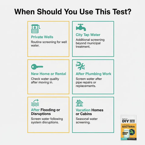 Infographic detailing usage scenarios for No Sweat At Home Bacteria Water Test Kit for safe drinking water.