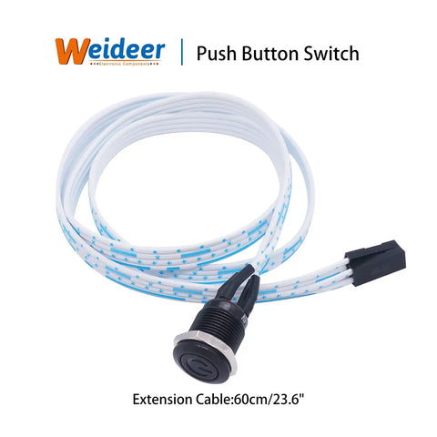 12mm Momentary Push Button Switch With Blue LED Ring, metal chassis, 60cm wire, for easy mounting, focus on extension cable.