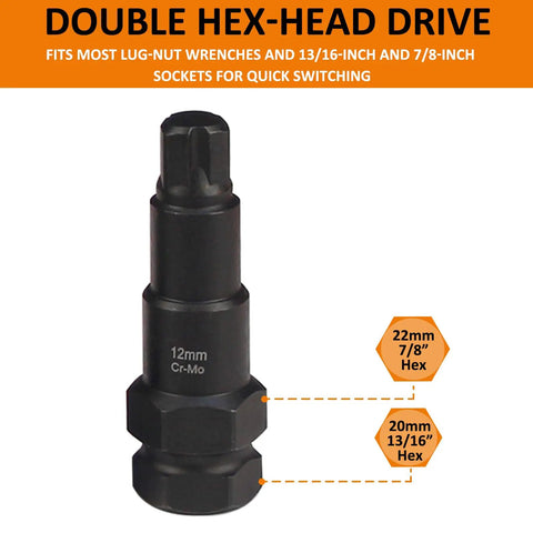 Zero Sweat 16 Piece Locking Lug Nut Master Key Set Cracks Tough Wheel Locks By Fitting SAE And Metric Tips To Spline Star Hex And Fluted Hex Drives For Backyard Gear Heads double hex-head drive socket 12mm and 20mm sizes for quick switching.