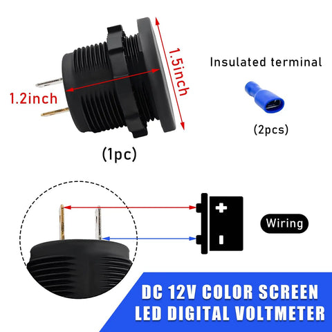 Waterproof DC 12V Voltmeter With LED Digital Display, Round Panel Battery Voltage Tester For Car Motorcycle Boat, Beast Pro Grade Gauge With Terminals, All Weather, Easy Install, Universal Vehicle Voltage Meter, 1.5 inch panel with wiring