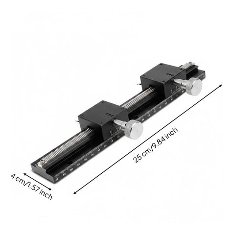 Precise Linear Motion Dovetail Stage 40x40mm Table, 250mm Length, 25mm Guide, 2x100mm Travel, 210mm Stroke, 0.06mm Parallelism, Lightweight Aluminum Build, 3kgf Load, Slick for CNC Milling and DIY Precision Work black dovetail linear stage with hand knobs and scale
