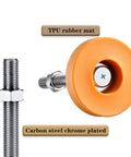 Rock Solid Adjustable Leveling Feet Four Pack Built Tough Carbon Steel Threaded Lifts With Grippy Rubber Bottoms For Heavy Equipment And Work Benches No Fuss Easy Install with rubber mat and chrome plated steel.
