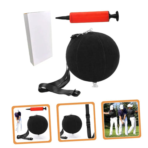 Inflatable Golf Swing Trainer Set With Adjustable Neck Rope And Inflator, Portable posture aid, black ball and pump shown